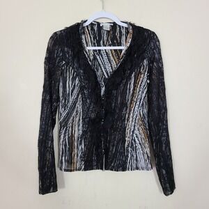 Alberto Makali Black White and Brown Sheer Ruffle-Front Blouse
